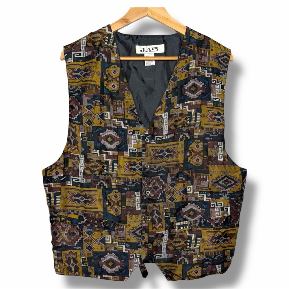 Vintage JAB Silk Southwestern Tapestry Vest Size L 90s Aztec Western Print